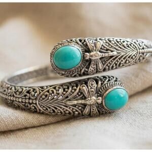 Sleeping Beauty Turquoise 925 Sterling Silver Balinese Filigree Dragonfly Bangle
